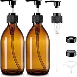 Glass Pump Bottle Dispenser 10.8 oz Amber Lotion Bottle Lot with Pump, Caps Pair